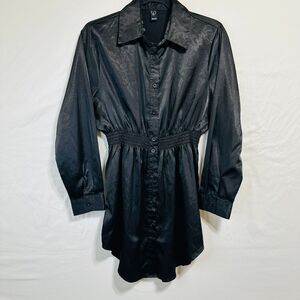 Windsor Women's Black Satin Mini Dress Size XS Long Sleeve Ruched Waistband